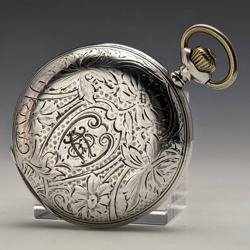 1910年頃 アンティーク オメガ 懐中時計 花彫刻 銀側ハンターケース 動作良好